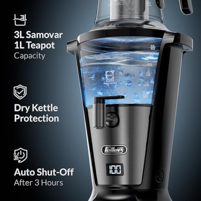 Feller Germany Electric Glass Samovar TeamakerGerman Schott Glass3L Samovar1L Teapot2000W AntiDrip ValveWater Flow Stabilizer Digital Display Ts3902Y GuaranteeUae Version Black - Image 3
