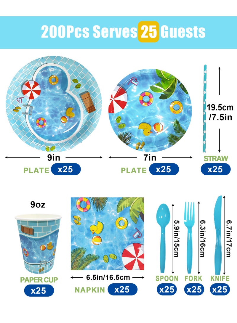 HomarKet 200PCS Disposable Dinnerware Set,25 Guest Party Supplies Dinner Set Include Paper Plates Napkin Cup Straw Plastic Spoon Fork Knive for Baby Shower,Wedding,Birthday (Summer swimming pool) - Image 2