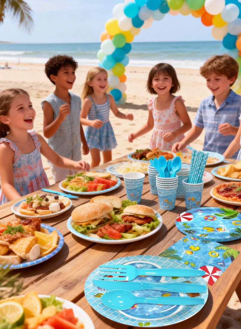 HomarKet 200PCS Disposable Dinnerware Set,25 Guest Party Supplies Dinner Set Include Paper Plates Napkin Cup Straw Plastic Spoon Fork Knive for Baby Shower,Wedding,Birthday (Summer swimming pool) - Image 5