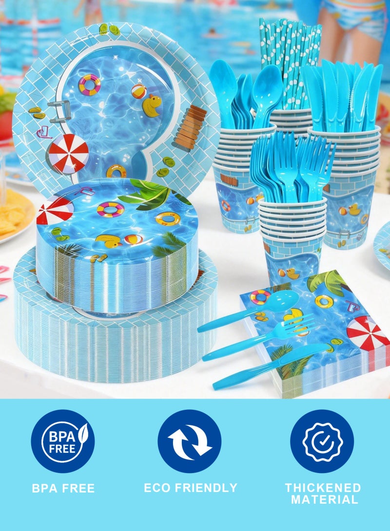 HomarKet 200PCS Disposable Dinnerware Set,25 Guest Party Supplies Dinner Set Include Paper Plates Napkin Cup Straw Plastic Spoon Fork Knive for Baby Shower,Wedding,Birthday (Summer swimming pool) - Image 3
