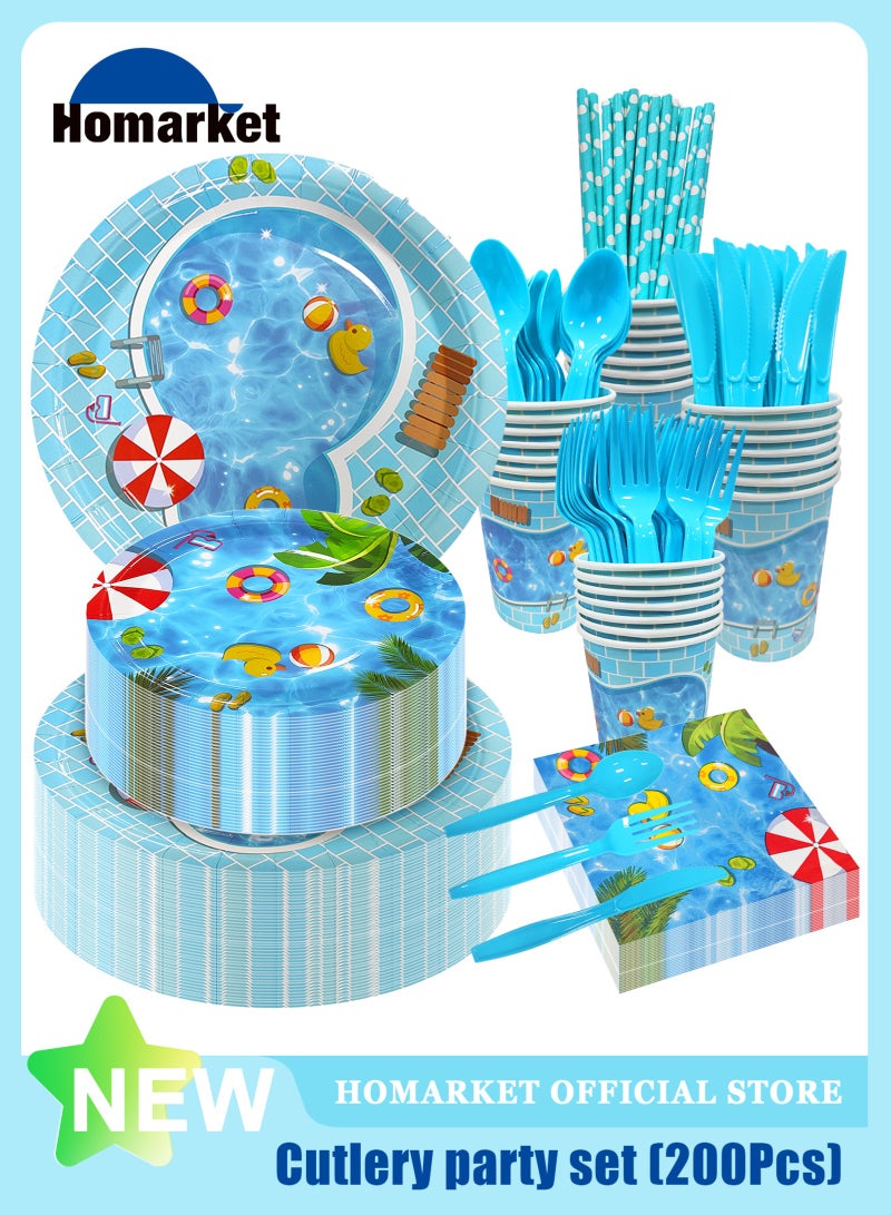 HomarKet 200PCS Disposable Dinnerware Set,25 Guest Party Supplies Dinner Set Include Paper Plates Napkin Cup Straw Plastic Spoon Fork Knive for Baby Shower,Wedding,Birthday (Summer swimming pool) - Image 1