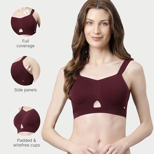 Enamor Innovations Cloudsoft Invisi Bonded Neck Women's Everyday Cotton Minimizer Bra - Padded, Wirefree, Full Coverage - A064 (Available in Plus Sizes) Grape Wine - Image 4