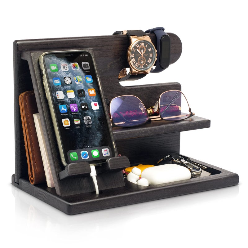 TESLYAR Wood Phone Docking Station for Men - Desktop or Nightstand Organizer - Birthday Gifts for Men, Dad - Anniversary Idea from Wife - Key Holder, Stand Wallet, Watch & Essentials (Granite Black) - Image 1