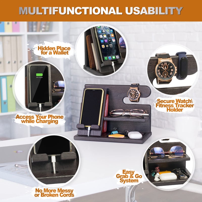 TESLYAR Wood Phone Docking Station for Men - Desktop or Nightstand Organizer - Birthday Gifts for Men, Dad - Anniversary Idea from Wife - Key Holder, Stand Wallet, Watch & Essentials (Granite Black) - Image 5