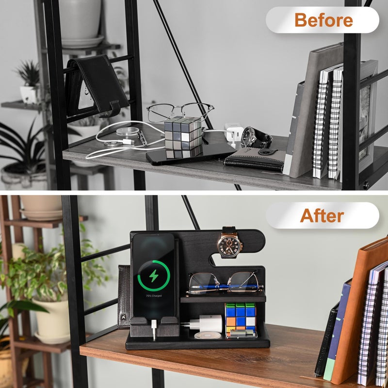 TESLYAR Wood Phone Docking Station for Men - Desktop or Nightstand Organizer - Birthday Gifts for Men, Dad - Anniversary Idea from Wife - Key Holder, Stand Wallet, Watch & Essentials (Granite Black) - Image 3