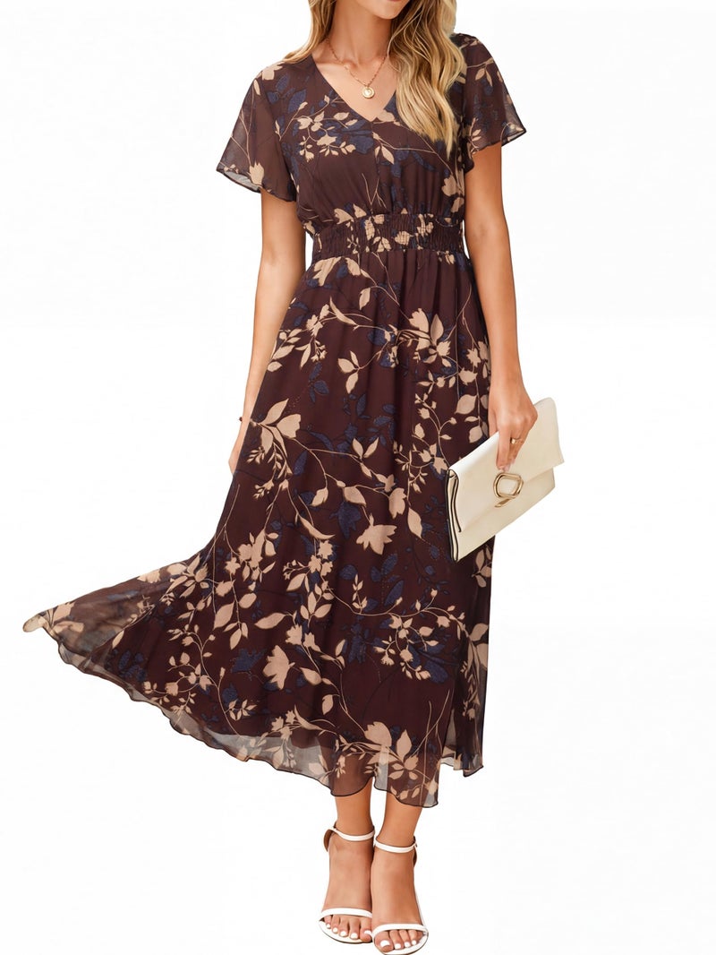 Simplee Apparel Simplee Womens Floral Maxi Dress - Short Sleeve Summer Boho Wedding Guest Dress Empire Waist Chiffon Modest Midi Dresses Brown,S - Image 1