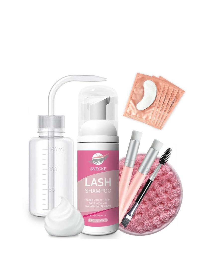 SVECKE Lash Shampoo Kit, 2 fl.oz / 60ml Eyelash Cleanser, Lash Cleaning Kit with Brush, Eyelash Shampoo for Lash Extensions, Eyelash Remover for Salon and Home Use