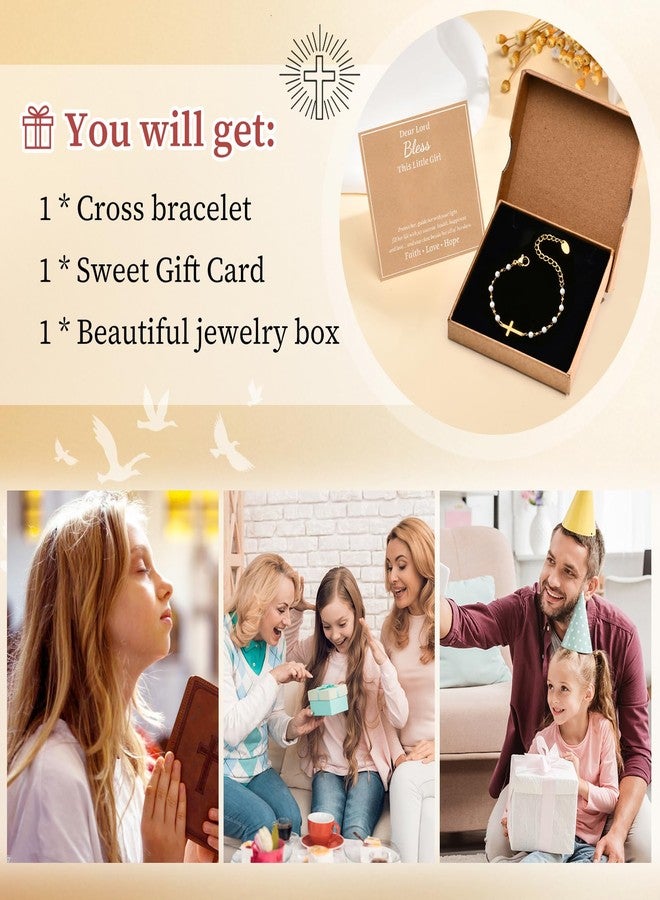 MEALGUET Baby Baptism Cross Bracelet Gift : 18k Gold Plated Delicate Pearl Cross Bracelets Children Kids Daughter Granddaughter Birthday First Communion Confirmation Gifts Christian Jewelry for Girls - Image 2