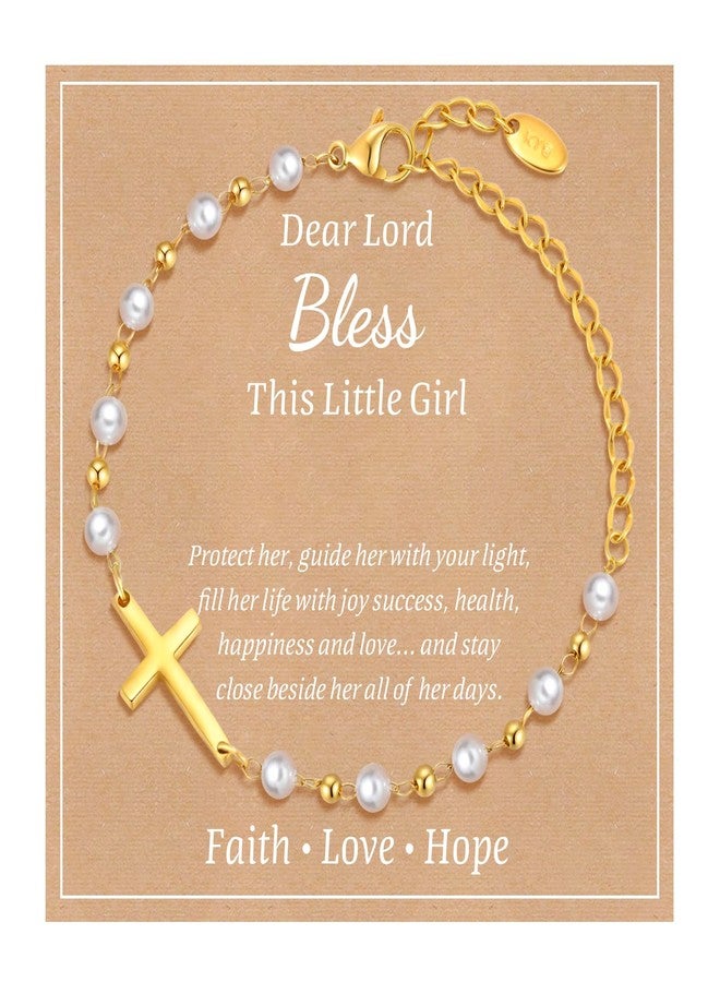 MEALGUET Baby Baptism Cross Bracelet Gift : 18k Gold Plated Delicate Pearl Cross Bracelets Children Kids Daughter Granddaughter Birthday First Communion Confirmation Gifts Christian Jewelry for Girls - Image 1