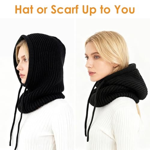 Gopaice Winter Hat Knit Balaclava Hooded Scarf Head Cover Beret Neck Ski Warmer Unisex Black - Image 3