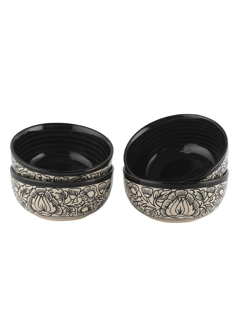 Caffeine Ceramic Bowl Set for Dinner Black perru Hand Painted Ramekin Dining Bowl & Dessert Bowl (Set of 4, 150 ML Each Dishwasher & Microwave Safe) - Image 1