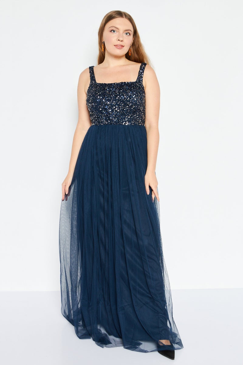 Women Textured Maxi Bridesmaid Dress, Navy Blue