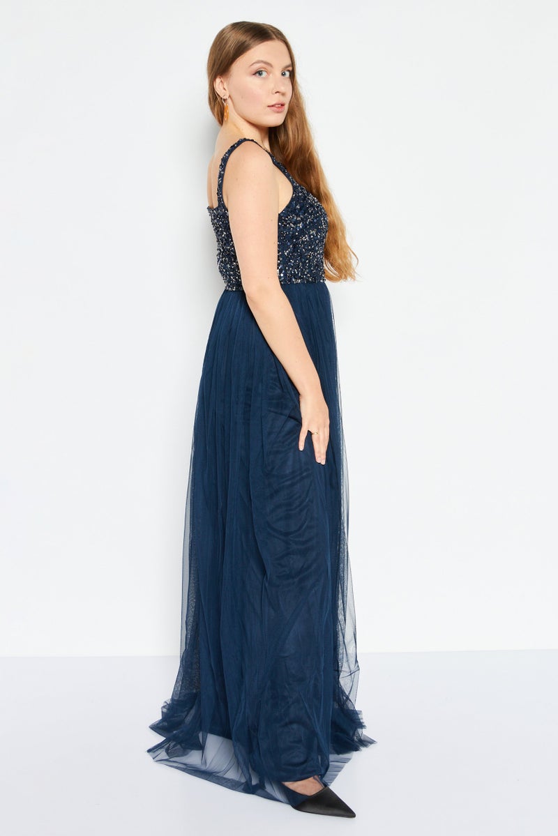 Women Textured Maxi Bridesmaid Dress, Navy Blue