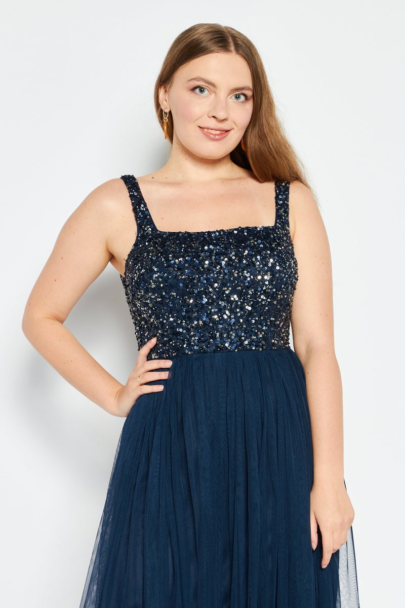 Women Textured Maxi Bridesmaid Dress, Navy Blue