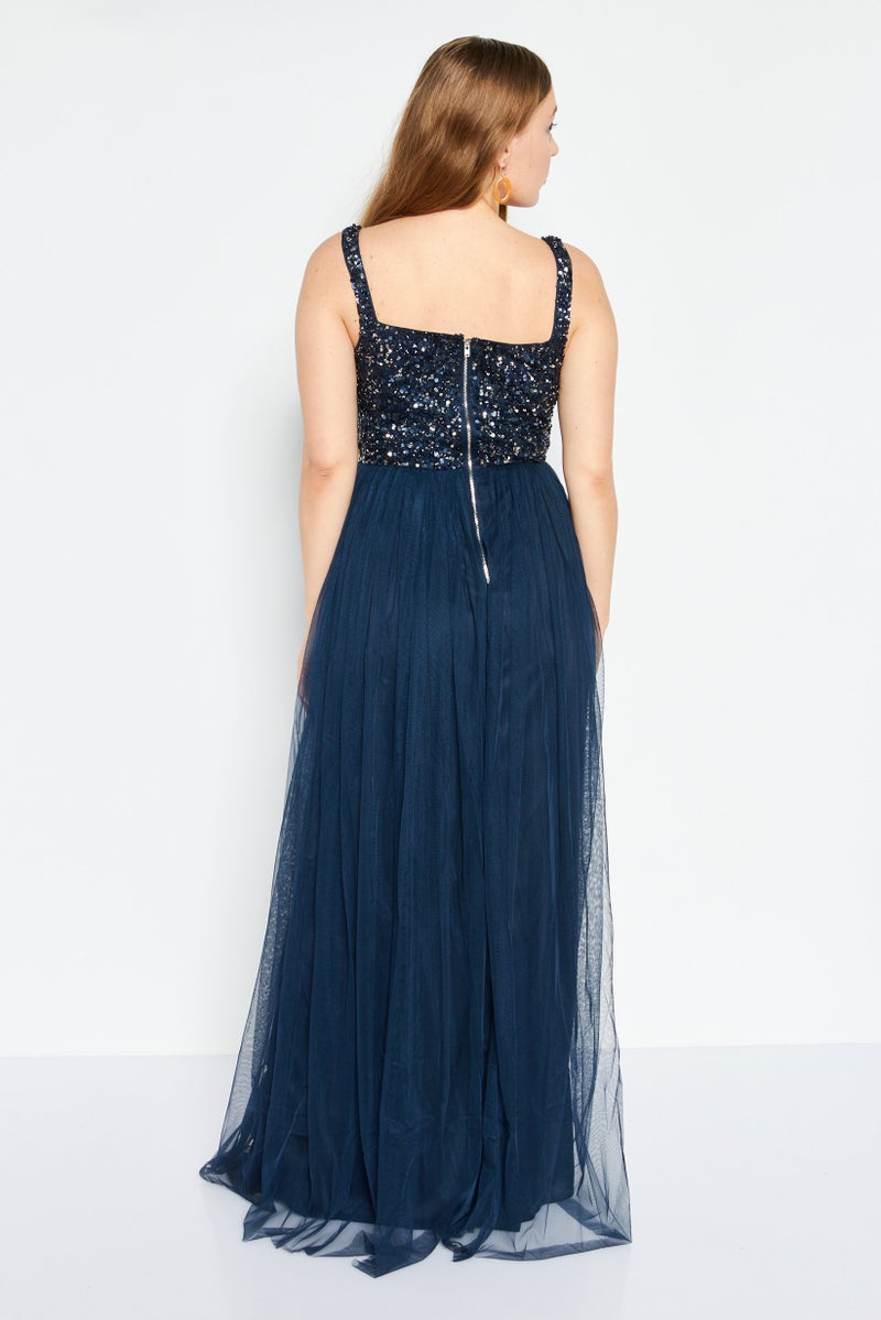 Women Textured Maxi Bridesmaid Dress, Navy Blue