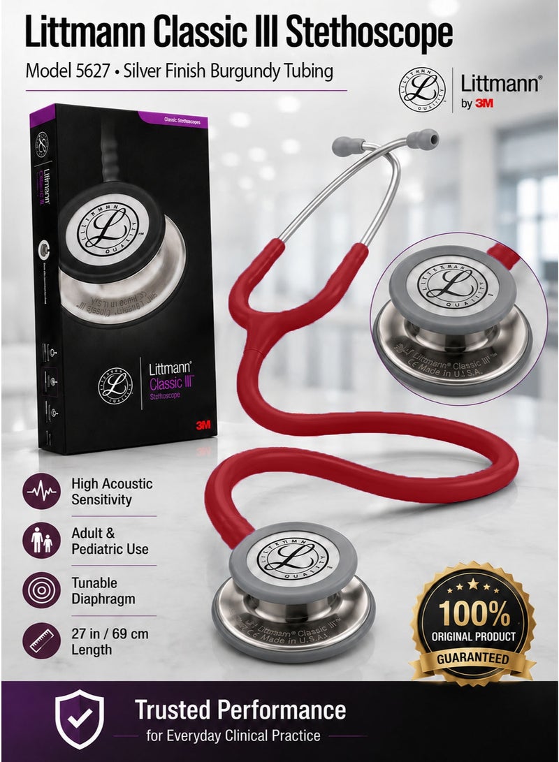 3M Littmann Classic III Monitoring Stethoscope Model 5627, Premium Silver-Finish Stainless Steel Dual-Sided Chestpiece, Burgundy Tubing, Adult and Pediatric Tunable Diaphragms, Soft-Sealing Eartips, Non-Chill Bell Sleeve, 27 Inch / 69 cm - Image 1