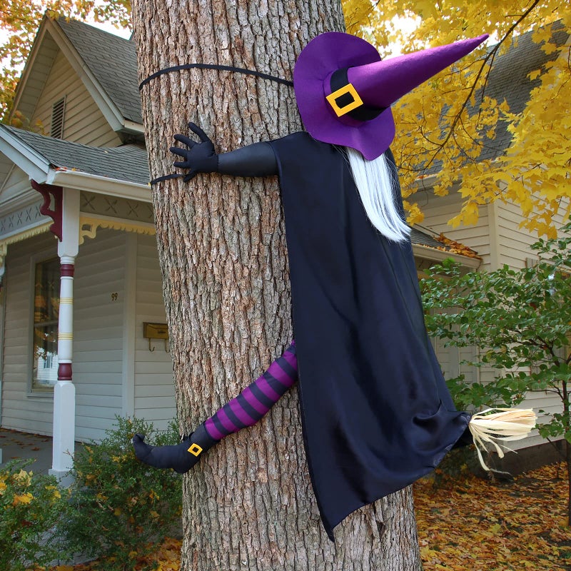 Giiffu 57 Large Crashing Witch into Tree Halloween Decoration Outdoor  Witch Decor for Yard Garden Front Porch Pillar Door and Halloween Tree Props Black  Purple