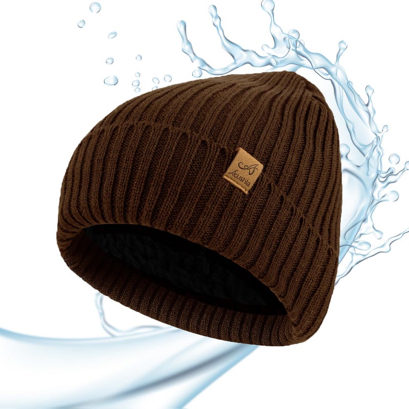 ACUSHLA Waterproof Windproof Cuff Beanie for Men & Women - Fleece-Lined Thick Warm Knitted Winter Hat for Cold Weather Unisex Heavyweight Watch Cap, Brown - Image 1