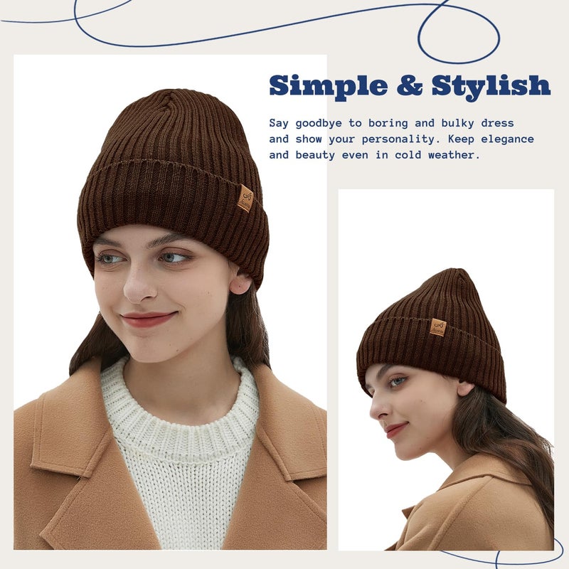 ACUSHLA Waterproof Windproof Cuff Beanie for Men & Women - Fleece-Lined Thick Warm Knitted Winter Hat for Cold Weather Unisex Heavyweight Watch Cap, Brown - Image 2