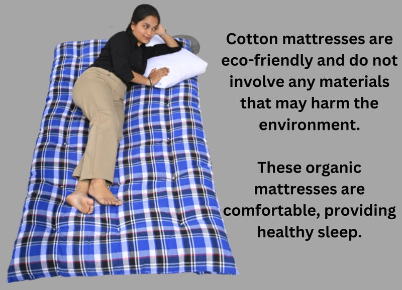 NEXTGO Mattress Single Bed Size 3 x 6 Feet | Soft White Cotton Fibre Tri Fold Floor Mattress | Guest, Travel, Bachelors, PG, Hostel, Use Tufted Ruyi gaddi | White-Blue Checks | SGM - Image 4