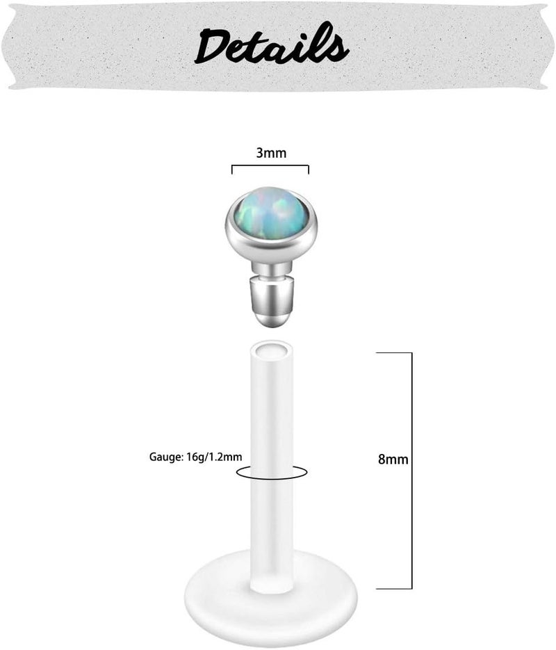 PiercingJ 8-10pcs 16G Stainless Steel + UV Flexible Acrylic Opal Crystal Tragus Retainer Flexible Acrylic Lip Ring Labret Monroe Studs Tragus Helix Cartilage Barbell Earring - Image 4