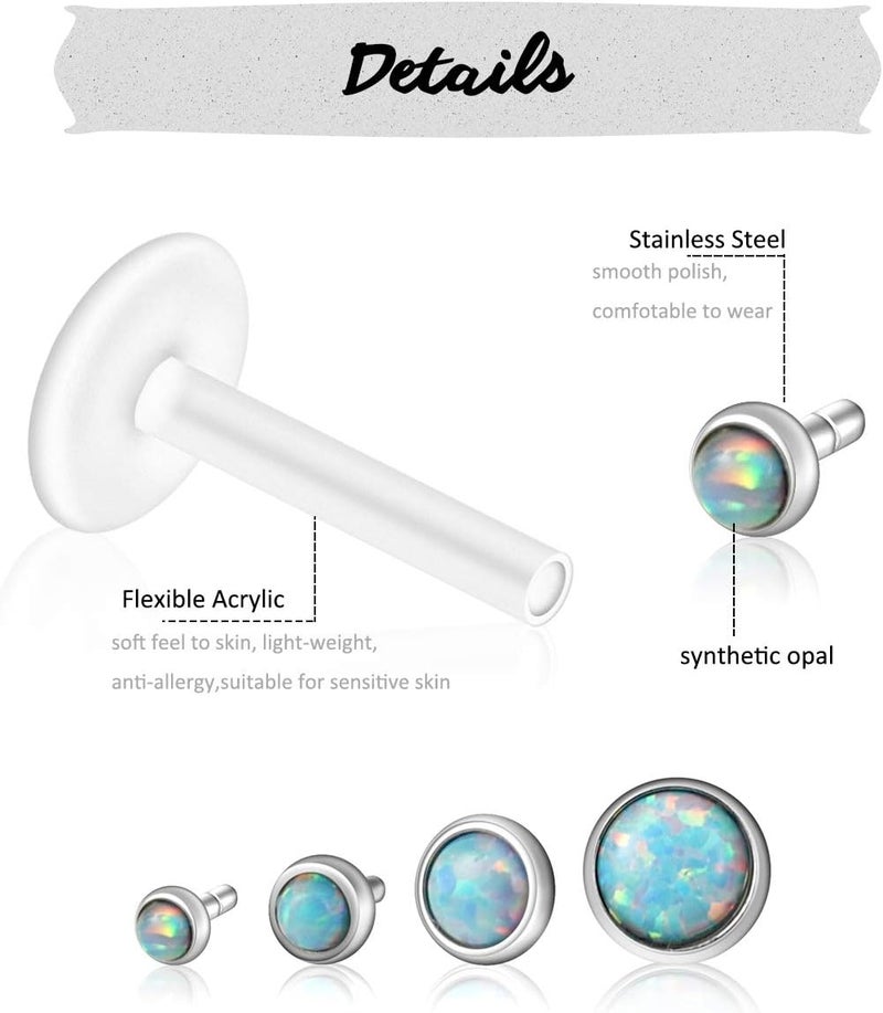 PiercingJ 8-10pcs 16G Stainless Steel + UV Flexible Acrylic Opal Crystal Tragus Retainer Flexible Acrylic Lip Ring Labret Monroe Studs Tragus Helix Cartilage Barbell Earring - Image 5