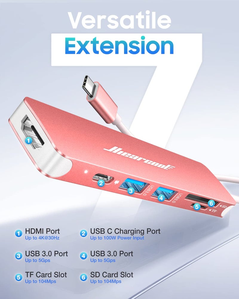 Hiearcool محور USB C من Hiearcool، دونجل USB-C، محول 7 في 1 USBC إلى HDMI متوافق مع MacBook و Dell و Lenovo و Asus و Thunderbolt 3 و Thunderbolt 4 محطة إرساء Type C (HDMI USB3.0 TF/SD PD) - ذهب وردي - Image 2