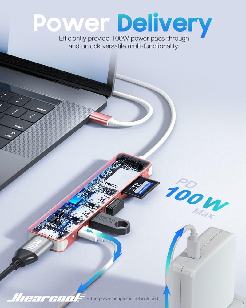 Hiearcool محور USB C من Hiearcool، دونجل USB-C، محول 7 في 1 USBC إلى HDMI متوافق مع MacBook و Dell و Lenovo و Asus و Thunderbolt 3 و Thunderbolt 4 محطة إرساء Type C (HDMI USB3.0 TF/SD PD) - ذهب وردي - Image 3