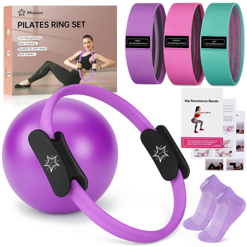 Muuruu Pilates Essentials Kit for Home Women Ring and Ball Set Pilates Equipment for Workouts 3 Resistance Bands Grip Socks 14 Inch Magic Circle Mini Exercise Ball Great Exercise Equipment - Image 2