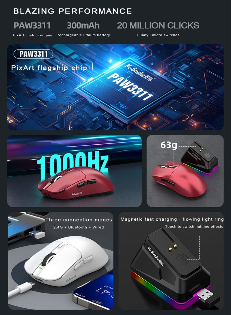 K-Snake Triple-Mode Wireless Mouse PAW3311 12000DPI 1000Hz 63g Magnetic Dock Red - Image 3