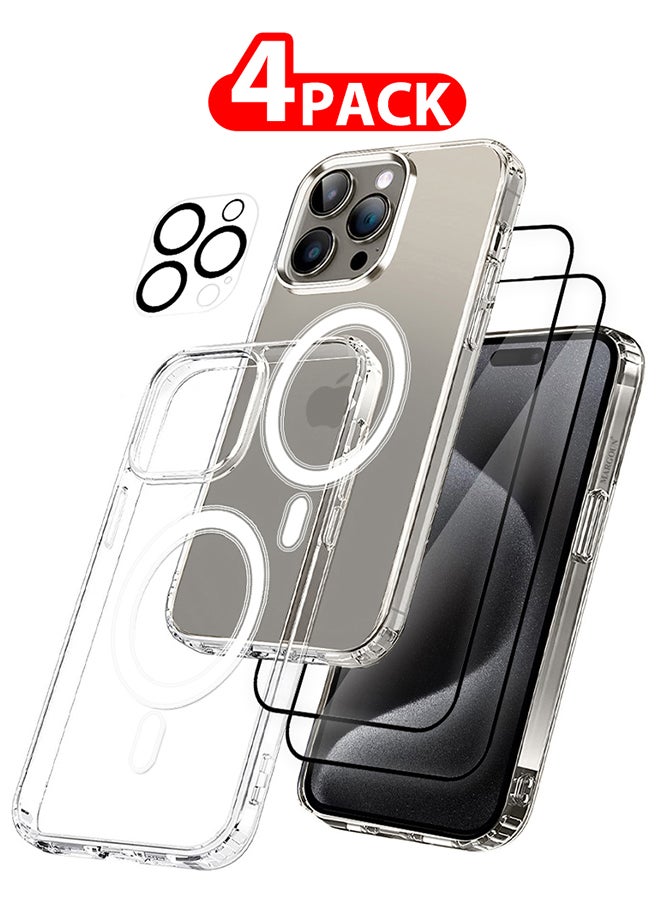 MARGOUN 4 Packs For iPhone 15 Pro Case And 2 Screen Protectors And Camera Lens Protector Transparent Case MagSafe Compatible With Built-In Magnets Ultra Durable With Military Grade Drop Protection Clear - Image 1