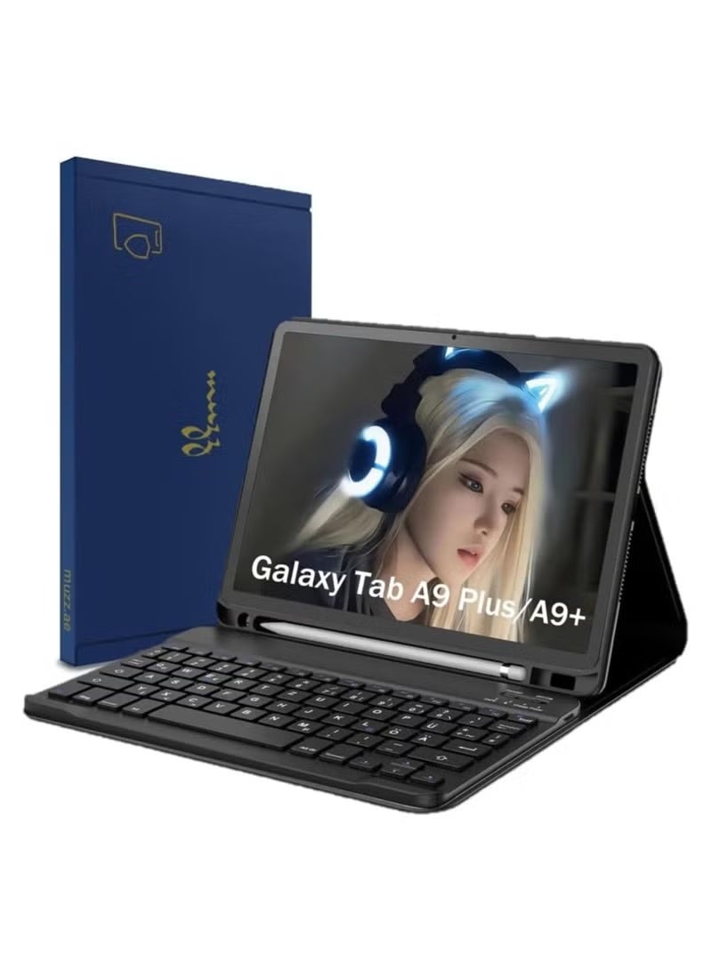 جراب لوحة مفاتيح سامسونج جالاكسي تاب A9+/A9 بلس، جراب حماية بلوحة مفاتيح QWERTZ، أسود اللون، يدعم اللغتين العربية والإنجليزية - Image 1