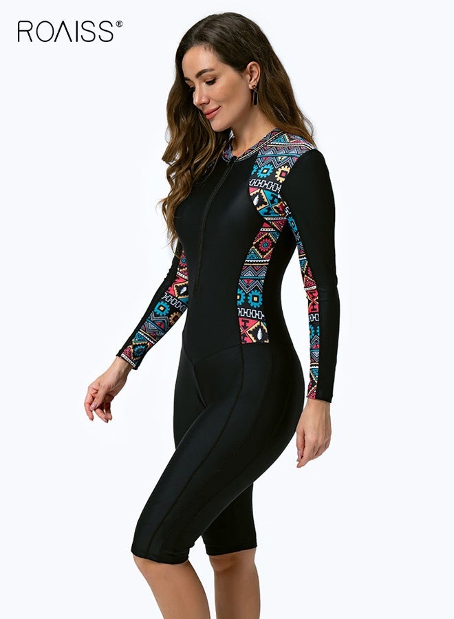 roaiss Womens One Piece Long Sleeve Rash Guard Knee High Bathing Suits Comfortable Breathable Swimsuit Sport Surfing Wear Athletic Swimwear Zippered High-Elastic Printed Swimsuit Black - Image 3