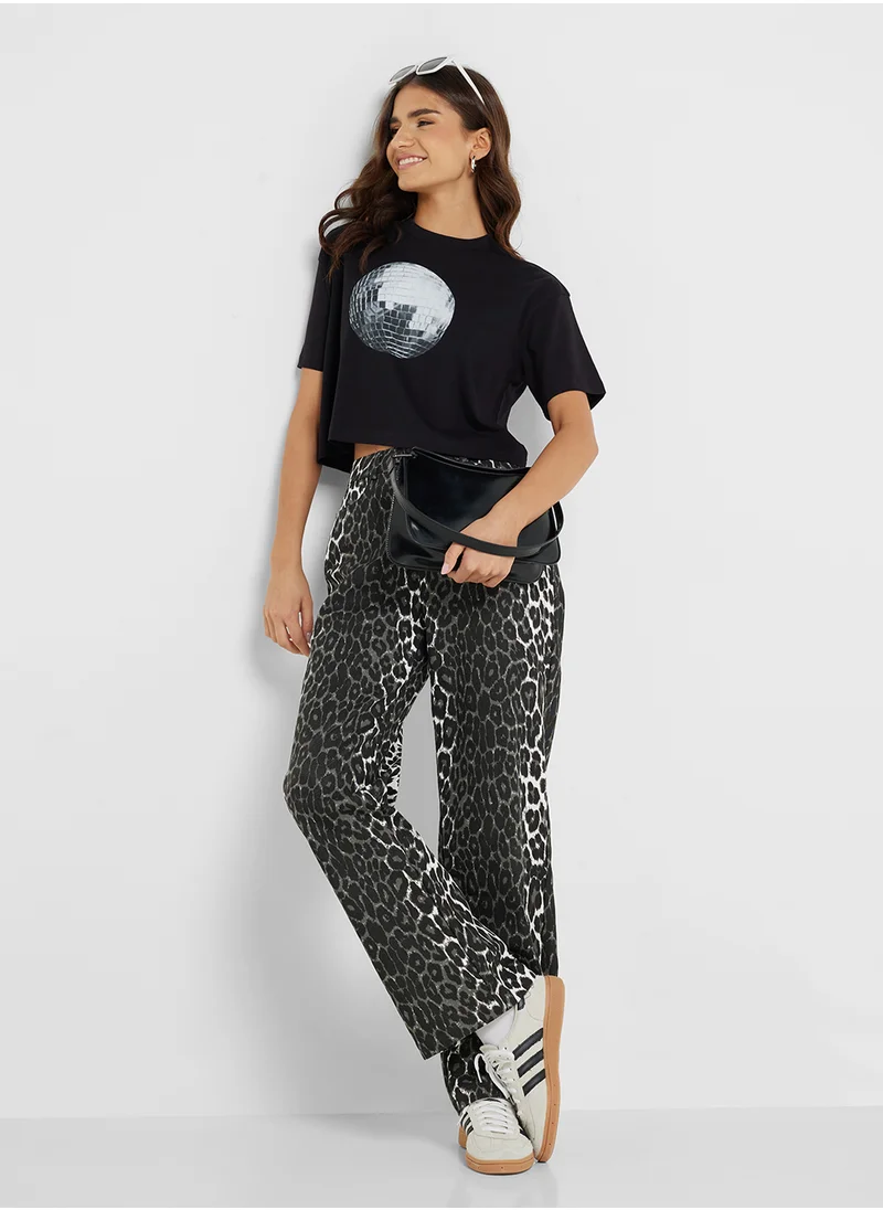 جينجر Crew Neck Relaxed Fit Foil Print T-Shirt