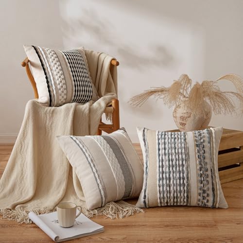 ANRODUO Pack of 2 Boho Decorative Throw Pillow Covers 18x18 Farmhouse Cushion Case Striped Chenille Pillow Cases Square Pillow Covers Accent Neutral Pillowcase for Sofa Couch Bed BlackWhite Stripe - Image 3