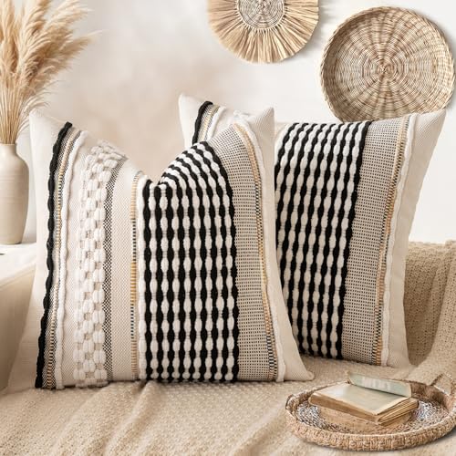 ANRODUO Pack of 2 Boho Decorative Throw Pillow Covers 18x18 Farmhouse Cushion Case Striped Chenille Pillow Cases Square Pillow Covers Accent Neutral Pillowcase for Sofa Couch Bed BlackWhite Stripe - Image 1
