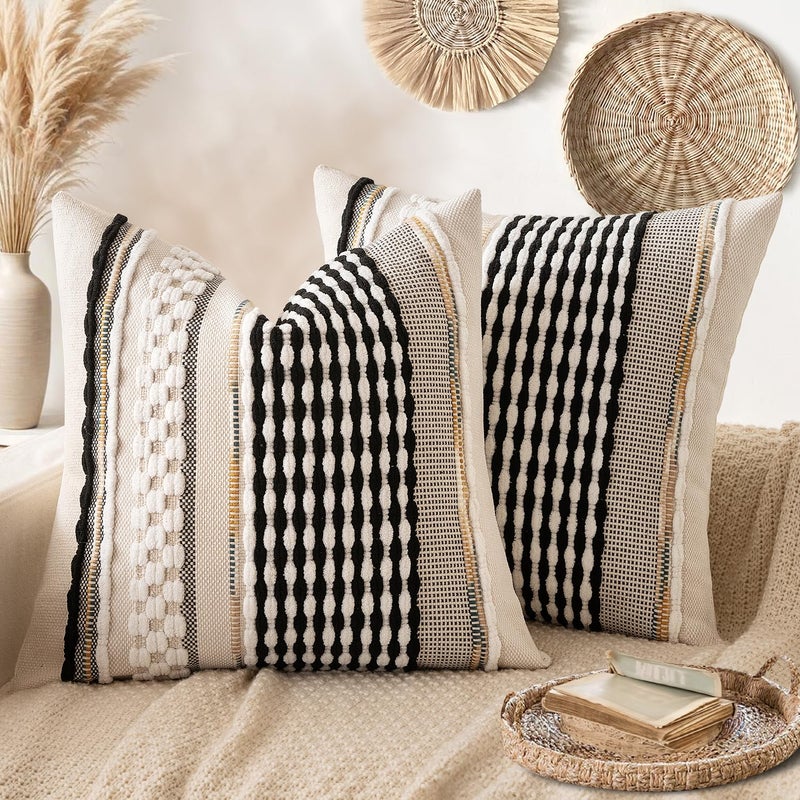 ANRODUO Pack of 2 Boho Decorative Throw Pillow Covers 18x18 Farmhouse Cushion Case Striped Chenille Pillow Cases Square Pillow Covers Accent Neutral Pillowcase for Sofa Couch Bed BlackWhite Stripe - Image 2