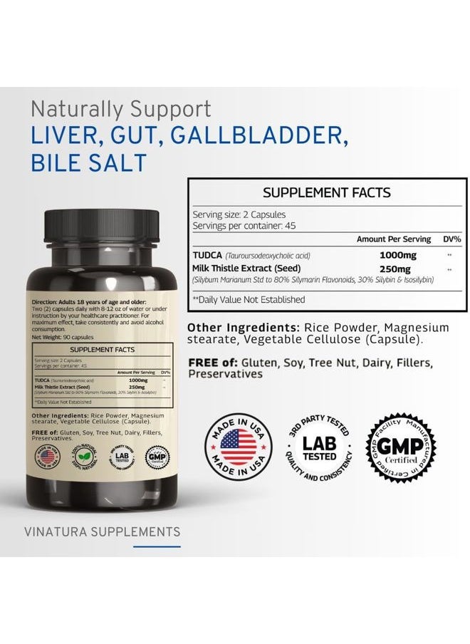 Prevagen - TUDCA Milk Thistle 1250mg - Tudca 1000mg, Tudca Bile Salts, Liver Support, Gallbladder Supplements *USA Made and Tested*, Tudca Supplement, Bile Salts Supplement - 90 Capsules 45 Servings - Image 1