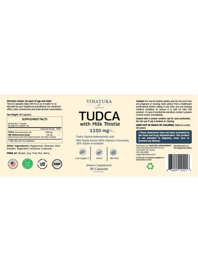 Prevagen - TUDCA Milk Thistle 1250mg - Tudca 1000mg, Tudca Bile Salts, Liver Support, Gallbladder Supplements *USA Made and Tested*, Tudca Supplement, Bile Salts Supplement - 90 Capsules 45 Servings - Image 1