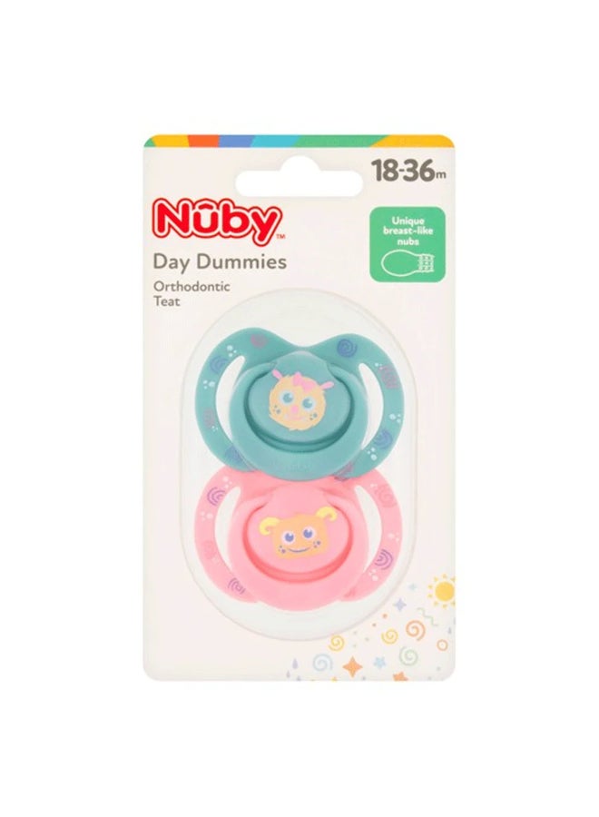 Nuby Daytime Soothers, 2-Pack, Orthodontic Baby Pacifiers for 18-36 Months, Comfort Dummies for Everyday Soothing and Oral Development, Assorted