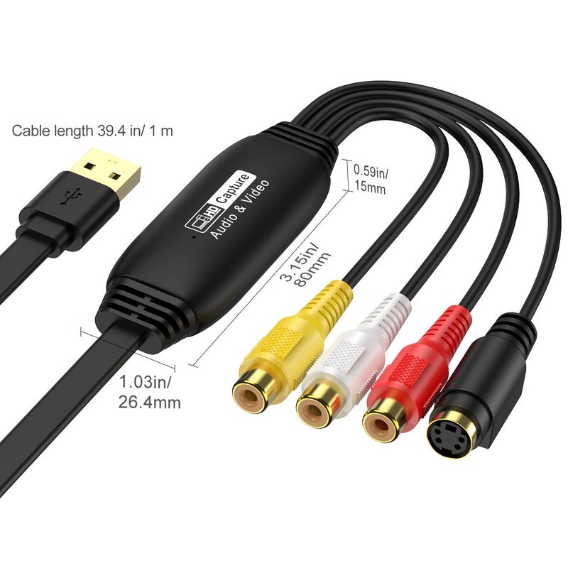 بطاقة التقاط الفيديو USB 2.0 RCA إلى جهاز التقاط فيديو USB محول VHS إلى رقمي أداة التقاط بلمسة واحدة VCR Hi8 تلفزيون إلى محول DVD متوافقة مع Mac OS X Windows 7 8 10 أسود - Image 2
