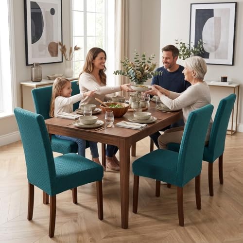 Styleys Elastic Chair Cover Stretch Removable Washable Short Jacquard Dining Chair Cover Protector Seat Slipcover (Pack of 4, Teal, JCMC6) - Image 2