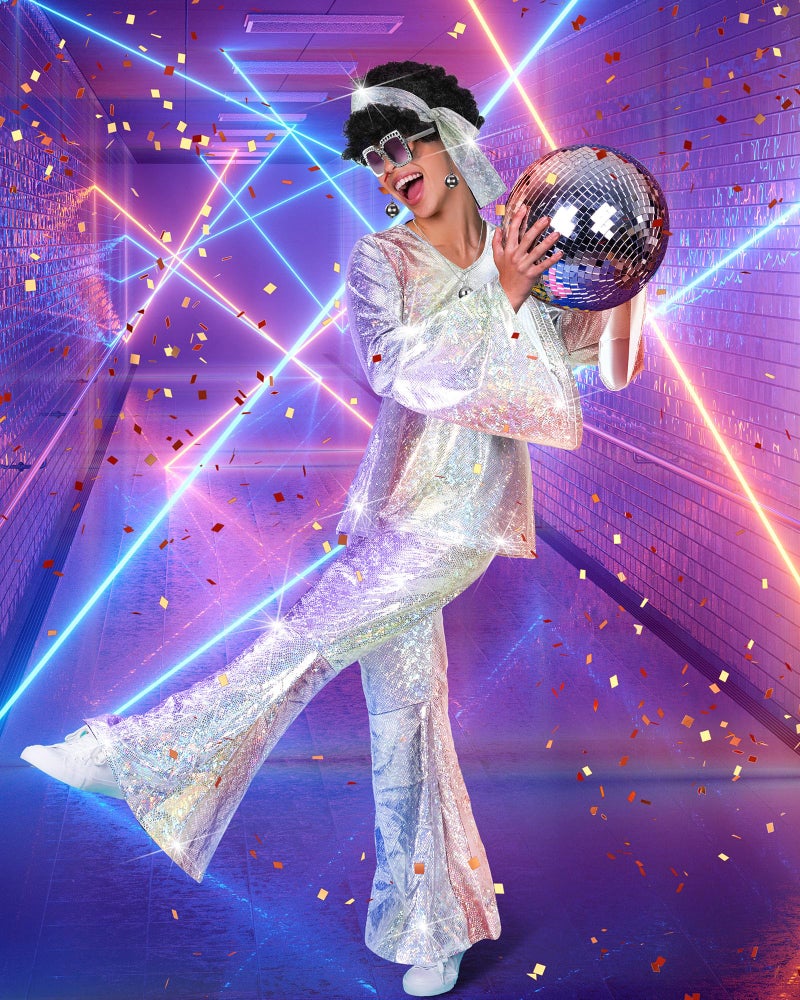Jexine 70s Women Disco Outfit Costume Disco Party Top Pants Sunglasses Ball Necklace Earring Wig for Halloween New Year Eve(Laser Color,Large) - Image 5