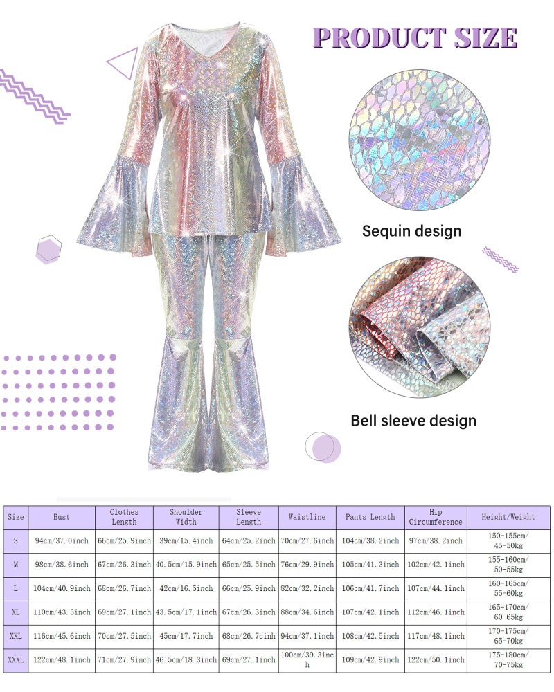 Jexine 70s Women Disco Outfit Costume Disco Party Top Pants Sunglasses Ball Necklace Earring Wig for Halloween New Year Eve(Laser Color,Large) - Image 2