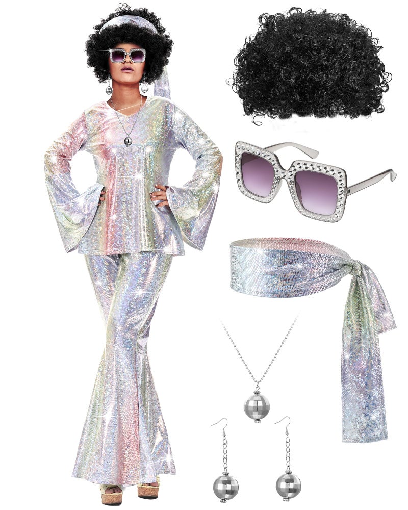 Jexine 70s Women Disco Outfit Costume Disco Party Top Pants Sunglasses Ball Necklace Earring Wig for Halloween New Year Eve(Laser Color,Large) - Image 1