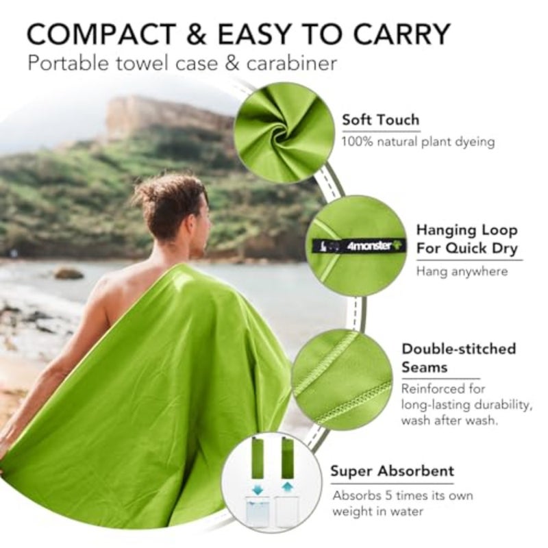 Quick Dry Travel Towel with Case and Carabiner Super Absorbent Microfiber Gym and Camping Towel. Compact, Lightweight, Fast Drying for Beach, Swimming, Hiking, Backpacking - Image 3