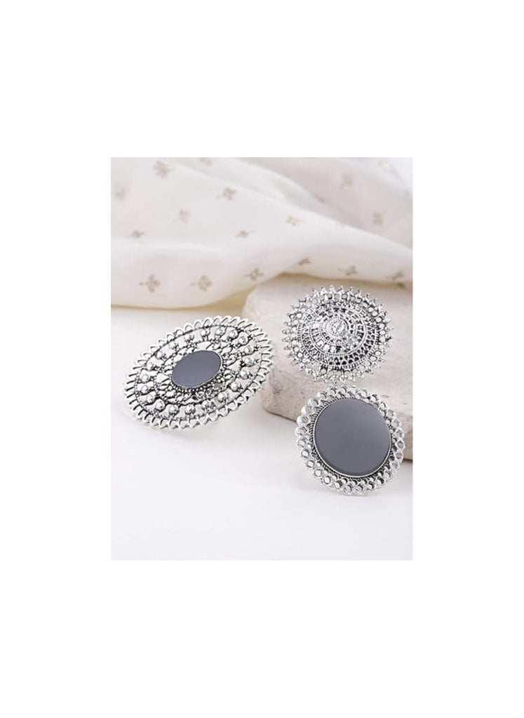 YouBella - Oxidized Silver Plated Afghani Rings For Women And Girls (Adjustable Size, Combo Of 3, Style 3) - Image 1