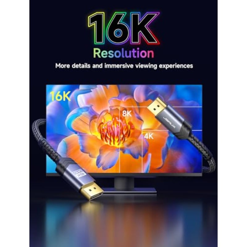 DisplayPort 2.1 Cable 3M for Monitor/Laptop/Graphics: Copper Core, Black, Supports 16K@60Hz/8K@120Hz/4K@240Hz at 80Gbps, Backward Compatible with DP1.4/1.2 - Image 4