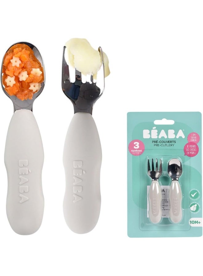 BEABA Stainless Steel Pre-Cutlery 2-Piece Set, Velvet Grey - Image 1