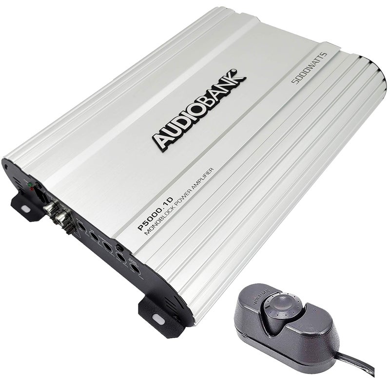 Audiobank Audio System P50001 Monoblock Car Amplifier 5000 Watt Amp 24 Ohm Stable Class AB Mosfet Power Supply Remote Subwoofer Control Subwoofer Amplifier